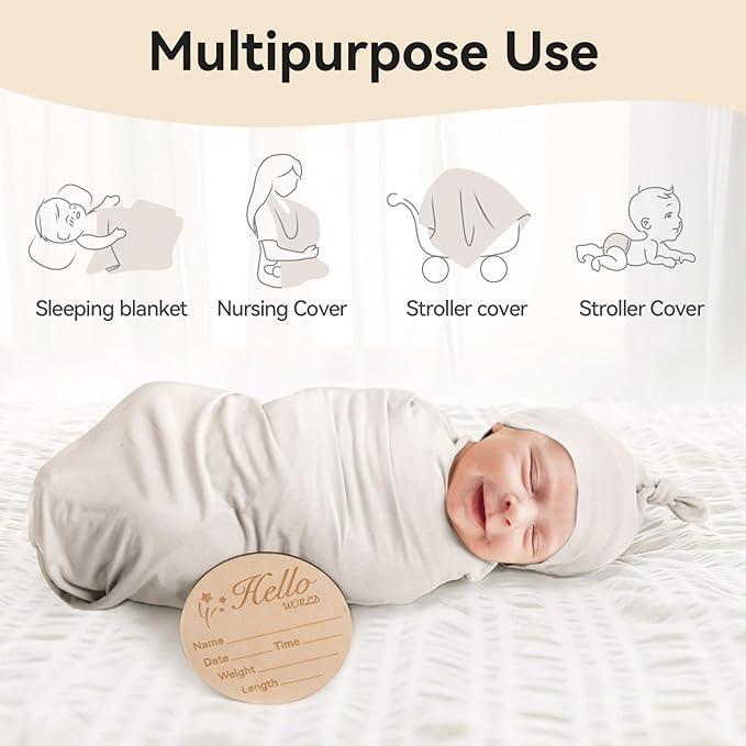 Rayon Made from Bamboo Newborn Swaddle Blanket Set with Matching Beanie, Super Soft Stretchy Baby Clothes Outfit for Girl Boy, Receiving Blankets Newborn Essentials, 35 x 35 Inch