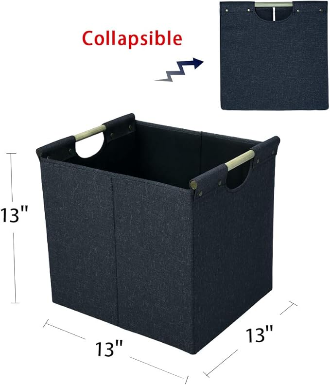 HOONEX Collapsible Storage Bins, 13x13x13in Storage Cubes Linen Fabric, 3 Pack, Storage Baskets with Wooden Carry Handles and Sturdy Heavy Cardboard, for Home, Office, Car, Nursery, Dark Grey