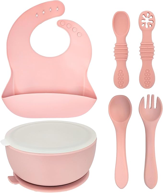 HippoBaby 6 Piece Baby Bowls With Suction and Lids | Toddler Bowl Set with 1 Bowl, 1 Bib, 2 Baby Spoons, 1 Large Spoon, 1 Large Fork, Baby Feeding Essentials (1, Rose Quartz)