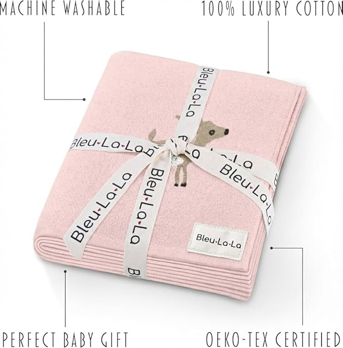 Knit Baby Swaddle Blanket - 100% Cotton Soft Cozy Receiving Swaddle Stroller Blanket for Shower Gift Registry for Newborns, Infants, Toddlers (Deer - Pink)