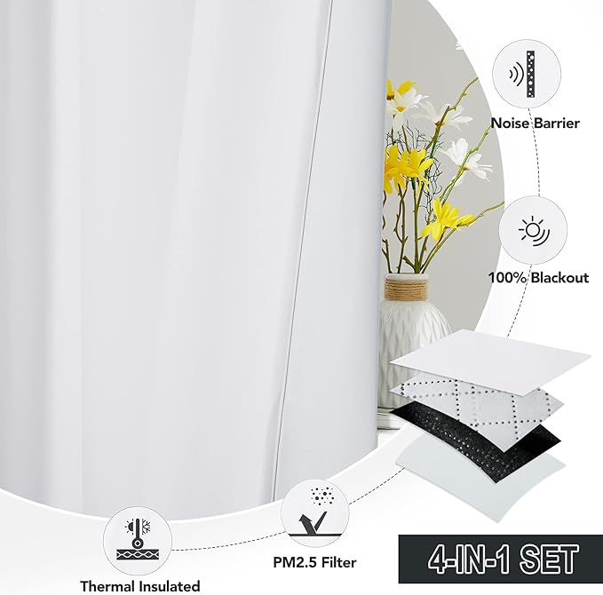 RYB HOME Soundproof & Dust Particle Filtering Curtains Blackout Window Treatment for Bedroom Living Room Divider Nursery Daytime Sleeping Patio Door, Pure White, W52 x L 102 inch, 2 Panels