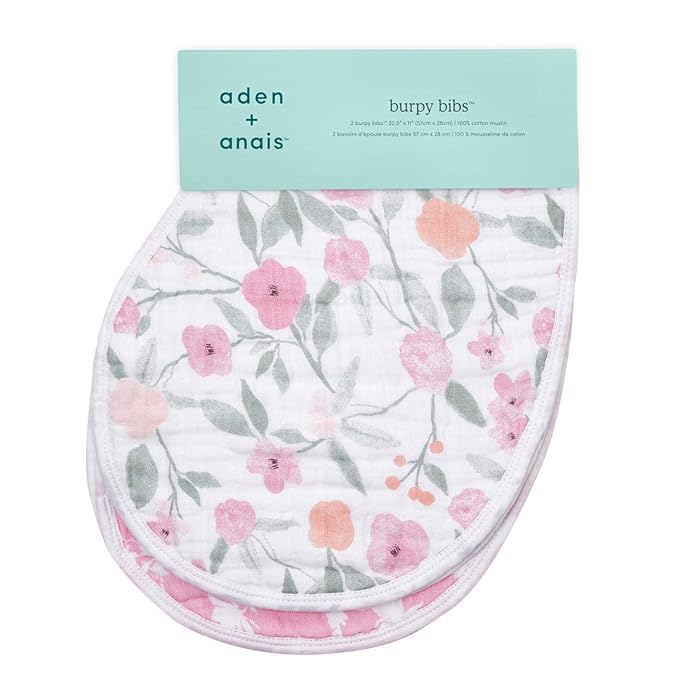 aden + anais 100% Cotton Muslin Burpy Bib – Multi-Use, Absorbent 4-Layer Burp Cloth and Full-Coverage Snap-Closure Baby Bib in One, Lap-Shoulder Drool Cloth, 22.5” X 11”, 2-Pack, Mon Fleur