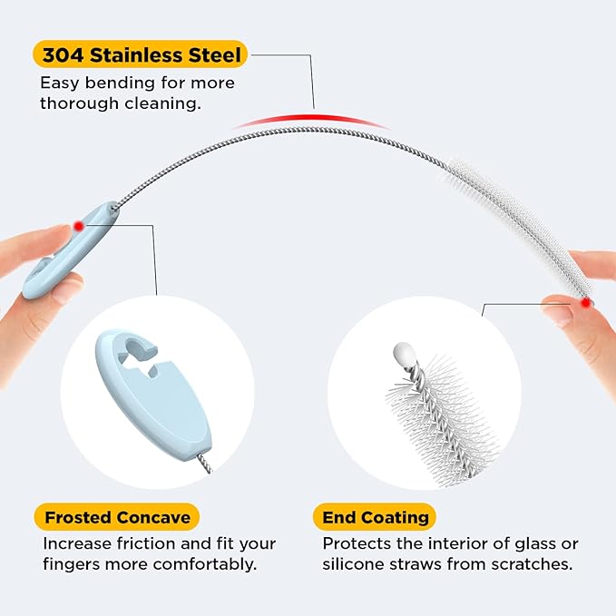 VOGOGE Straw Brush Set, 4 Piece Cleaner Kit with Standable Key Ring for Reusable Straws, Tumblers & Water Bottles – Designed for Kids & Adults, Blue