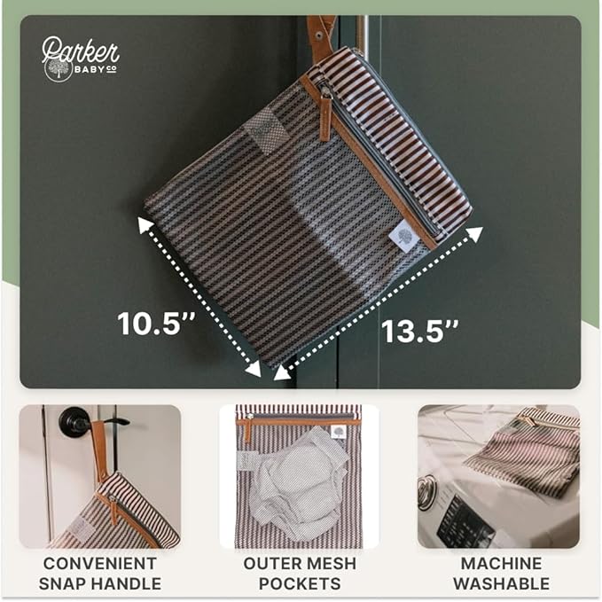Parker Baby Cloth Diaper Wet Dry Bag - Waterproof Reusable Diaper Bag Accessory with Mesh Organizer and Zippered Pocket for Soiled or Wet Clothes, Diapers, Wipes, Swimsuits