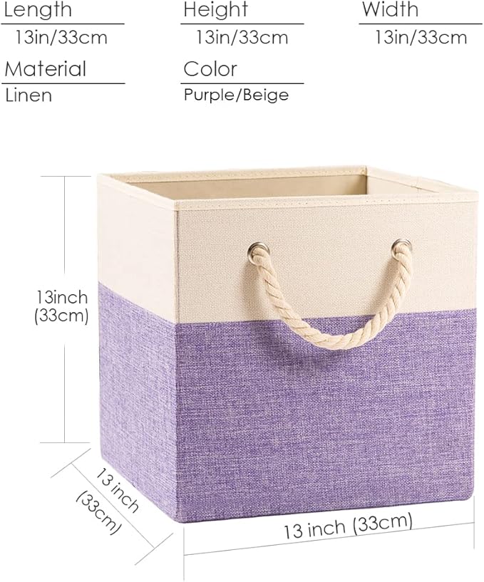 PRANDOM Large Foldable Cube Storage Bins 13x13 inch [2-Pack] Fabric Linen Storage Baskets Cubes Drawer with Cotton Handles Organizer for Shelves Nursery Closet Bedroom Purple