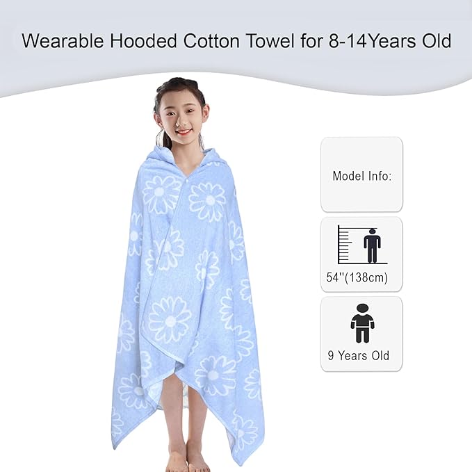 VOOVA & MOVAS Hooded Bath Towels for Teens/Big Kids (8-14 Years) | Soft Absorbent 100% Cotton Thick Towel Wrap | Versatile Beach, Pool, Swim & Bath Cover-Up | Jacquard Blue Daisy
