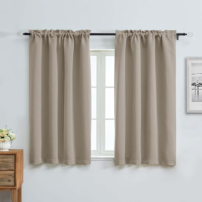 Aiyufeng Stone Short Blackout Curtains for Bedroom 45 Inches Long 2 Panels Set, Solid Thermal Insulated, Energy Saving Window Treatment Curtains Blackout Drapes, W40 x L45 Inch, Stone