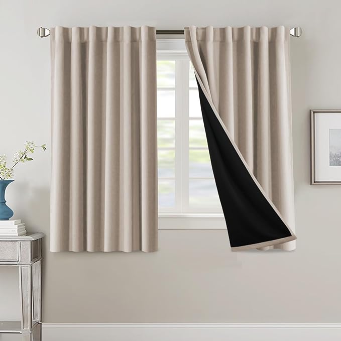 H.VERSAILTEX 100% Blackout Curtains for Bedroom with Black Liner Full Room Darkening Curtains 54 Inches Long Thermal Insulated Back Tab/Rod Pocket Window Drapes for Living Room, 2 Panels, Natural