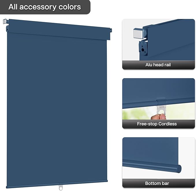 LazBlinds No Drill Blinds for Indoor Windows, Blackout Roller Shades, Cordless Window Blackout Blinds, Thermal Insulated Fabric UV Protection for Home and Office, 24.5" W x 48" H, Navy Blue