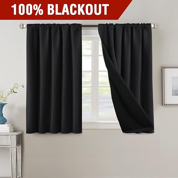 H.VERSAILTEX 100% Blackout Curtains for Bedroom with Black Liner Full Room Darkening Curtains 45 Inches Long Thermal Insulated Back Tab/Rod Pocket Window Drapes for Living Room, 2 Panels, Jet Black