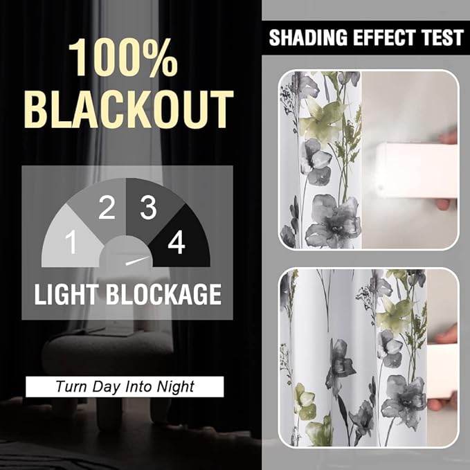 H.VERSAILTEX 100% Blackout Curtains 63 inch Length 2 Panels Set Cattleya Floral Printed Drapes Leah Floral Thermal Curtains for Bedroom with Black Liner Sound Proof Curtains, Grey and Olive