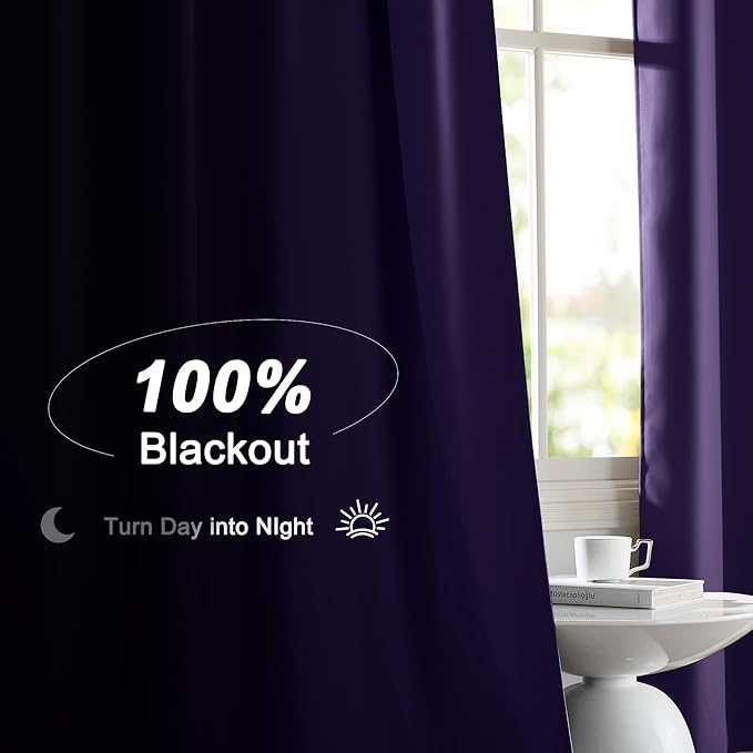 NICETOWN Lilac Purple 100% Blackout Curtains for Bedroom, 52x84 Inches Set of 2 for Living Room, Rod Pocket Back Tab & Noise Reducing Drapes Black Lined Insulated Window Treatment Panels