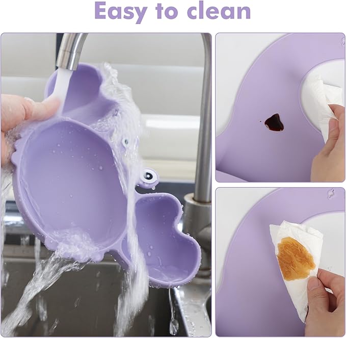 Silicone Baby Feeding Set 15 Pcs，Baby Spoons Suction Bowl Divided Plate Bib Cup Finger Brush Training cups,Baby Led Weaning Supplies,Baby Plates，Toddler Feeding Plates and Bowls Set（purple）