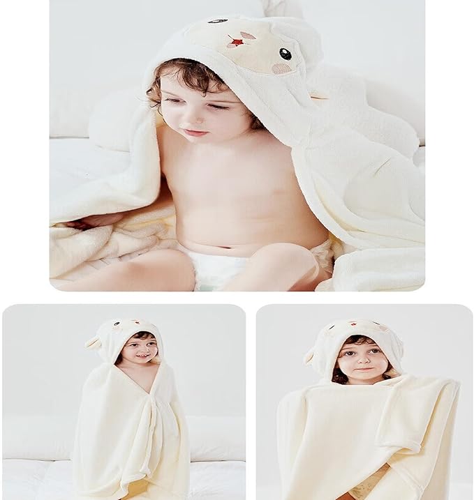 Toddler Bath Towel Baby Towels with Hood 27.5"X55" Ultra Absorbent Soft Bathrobe Blanket Kids Shower Towel for Girls and Boys(White-Goat)