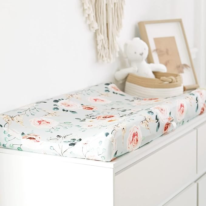 GRSSDER Stretch Ultra Soft Jersey Knit Changing Pad Cover Set 2 Pack, Change Table Pad Covers Fit 32"/34" x 16" Pads Safe and Snug, Stylish Watercolor Flowers and Fruits for Girls
