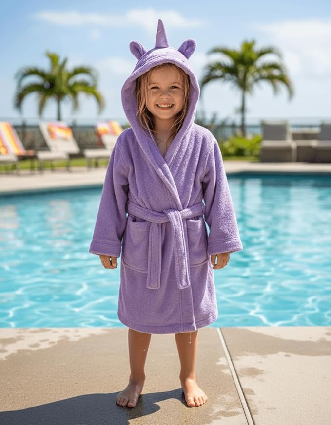 BAGNO MILANO Kids Organic Turkish Cotton Hooded Beach Cover-Up Towel, GOTS Certified, for Boys and Girls (Unicorn Purple, 7-8 Years)