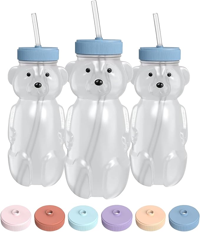 The 730 Project Honey Bear Straw Cup for Babies, 8-oz Honey Bear Cup with Lid, 3-Pack Therapy Learning Honeybear Straw, Baby Bottle Set, Blueberry Pie BLUE