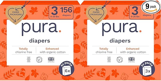Pura Sensitive Skin Baby Diapers | Size 3 (9-20 lbs) | Bulk, Hypoallergenic, Totally Chlorine Free, Fragrance Free, | 9 Packs of 26 (234 Diapers)