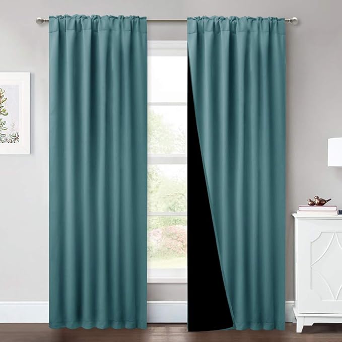 NICETOWN Heavy 100% Blackout Curtain Set, Thermal Insulated & Energy Efficiency Window Draperies for Guest Room, Full Shading Panels for Shift Worker and Light Sleepers, Sea Teal, 52W x 84L, 2 PCs