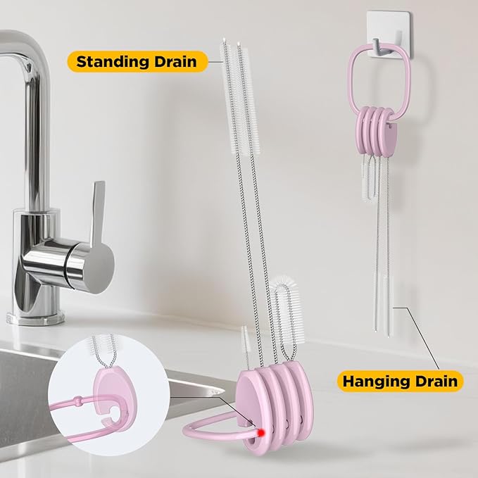 VOGOGE Straw Brush Set, 4 Piece Cleaner Kit with Standable Key Ring for Reusable Straws, Tumblers & Water Bottles – Designed for Kids & Adults, Pink