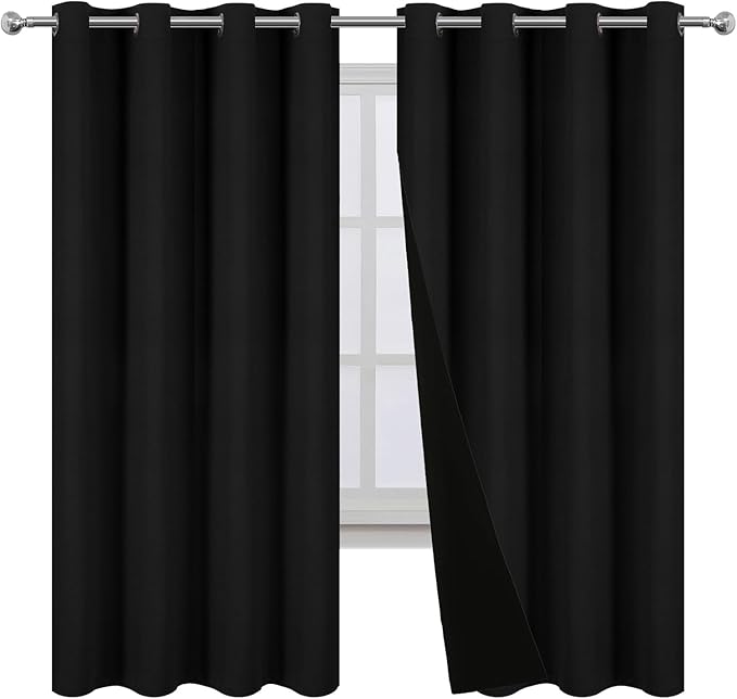 LEMOMO 100% Blackout Curtains 52 x 72 Inch Black Curtains 2 Panels Darkening Thermal Insulated Bedroom Curtains