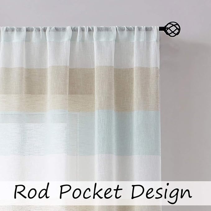 Central Park Tan and Spa Blue Stripe Sheer Color Block Window Curtain Panel Linen Window Treatment for Bedroom Living Room Farmhouse 95 inches Long Rod Pocket, 2 Panel Rustic Drapes, 40"x95"x2