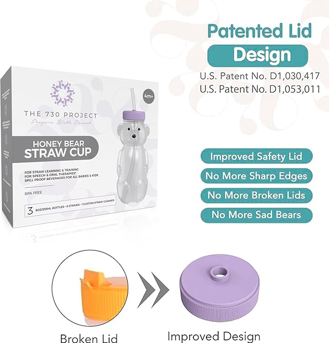 The 730 Project Honey Bear Straw Cup for Babies, 8-oz Honey Bear Cup with Lid, 3-Pack Therapy Learning Honeybear Straw, Baby Bottle Set, Unicorn PURPLE