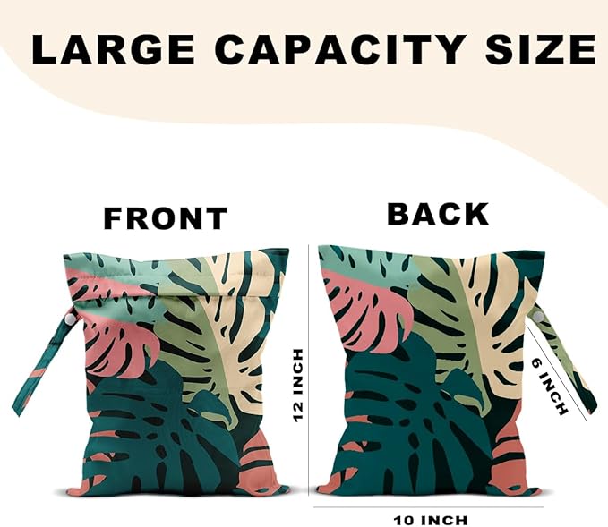 Palm Leaves Wet Bag 12x10 Inch, Green Summer Waterproof Travel Laundry Bags, Washable Reusable Wet Dry Bag for Swimsuit Beach Diapers Dirty Yoga Gym Clothes, Plant Gifts for Women Friend