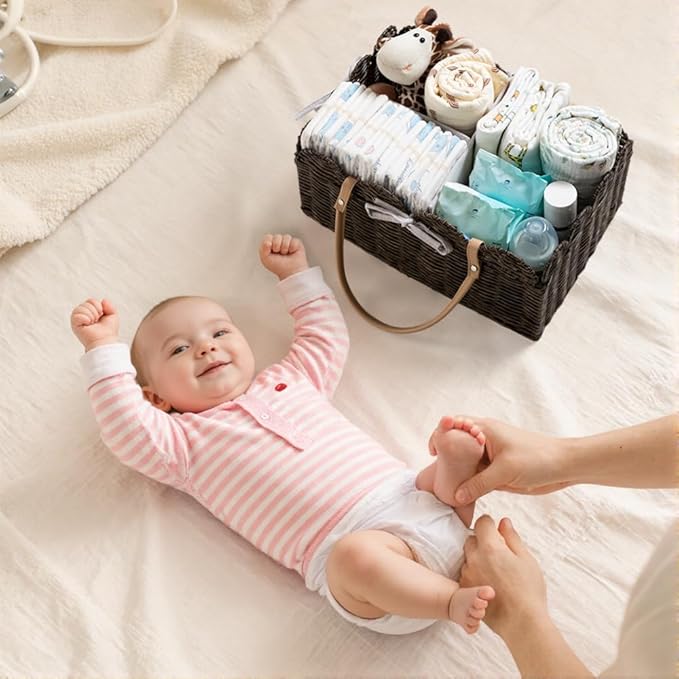 HBlife Baby Diaper Caddy Organizer, Large Portable Scalloped Plastic Wicker Woven Basket with Divider, Nursery Diaper Station, Baby Shower Gifts Basket, Car Organizer, Washable Waterproof