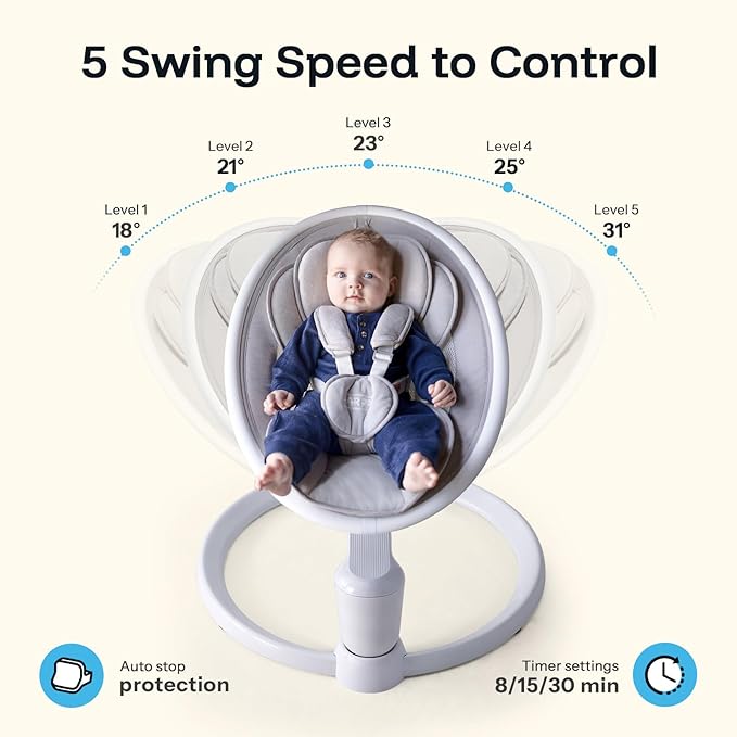 HARPPA Electric Baby Swings for Infants and Newborns, 5 Speeds and Remote Control 10 Built-in Melodies, 2 Seat Positions & 180° Rotation,Portable Baby Swing for Indoor Use,Dove Gray
