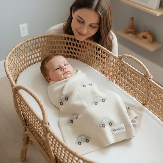Knit Baby Blanket for Girls and Boys 100% Cotton Buttery Soft Cozy Receiving Swaddle Stroller Blanket for Shower Gift Registry for Newborns, Infants, Toddlers (Cars - Cream)
