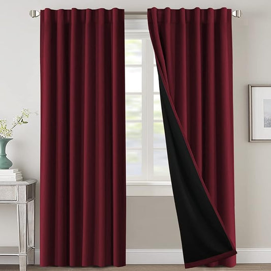 H.VERSAILTEX 100% Blackout Curtains for Bedroom with Black Liner Full Room Darkening Curtains 84 Inches Long Thermal Insulated Back Tab/Rod Pocket Window Drapes for Living Room, 2 Panels, Burgundy