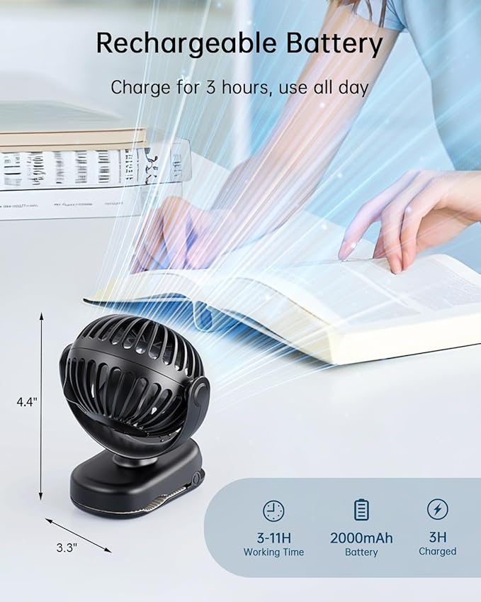 SWEETFULL Stroller Fan with Clip - Portable Mini Clip on Fan, 3 Speeds, 11Hrs Cooling, Cute Small Personal Desk Cooler for Baby Essentials, Bike Accessories, Car Seat, Umbrella, Carrier - Black