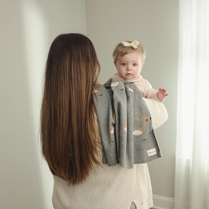 Knit Baby Swaddle Blanket - 100% Cotton Soft Cozy Receiving Swaddling Crib Stroller Quilt Blanket for Shower Gift Registry for Newborns, Infants, Toddlers, Unisex (Deer - Grey)