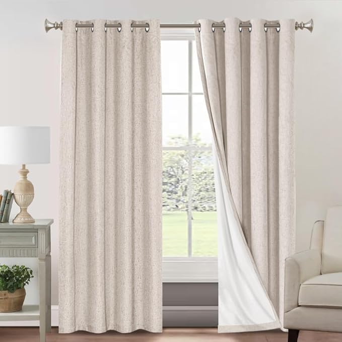 PrinceDeco Linen 100% Blackout Curtains for Bedroom/Living Room Natural Colored Drapes Extra Long Curtains 120 Inch Long for Thermal Insulated Window Curtain Panels Linen Look Fabric with White Liner