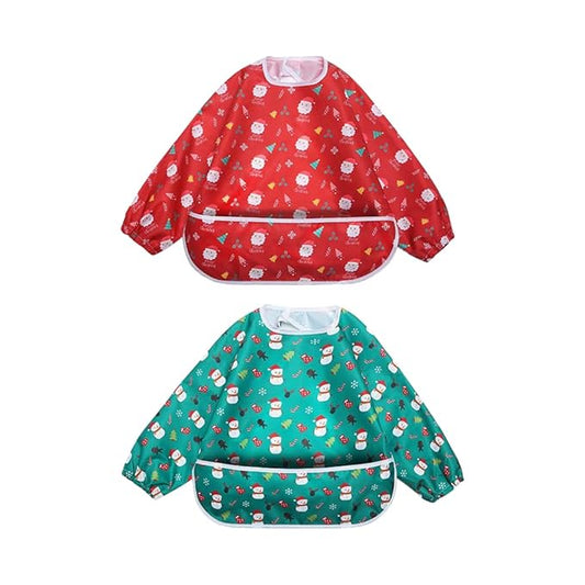 Little Dimsum Full Sleeved Feeding Bib 2 Pack,Baby & Toddler Waterproof Bib Apron,Food Protection Large Pocket Eating Smock 6-36 Month(christmas bib)