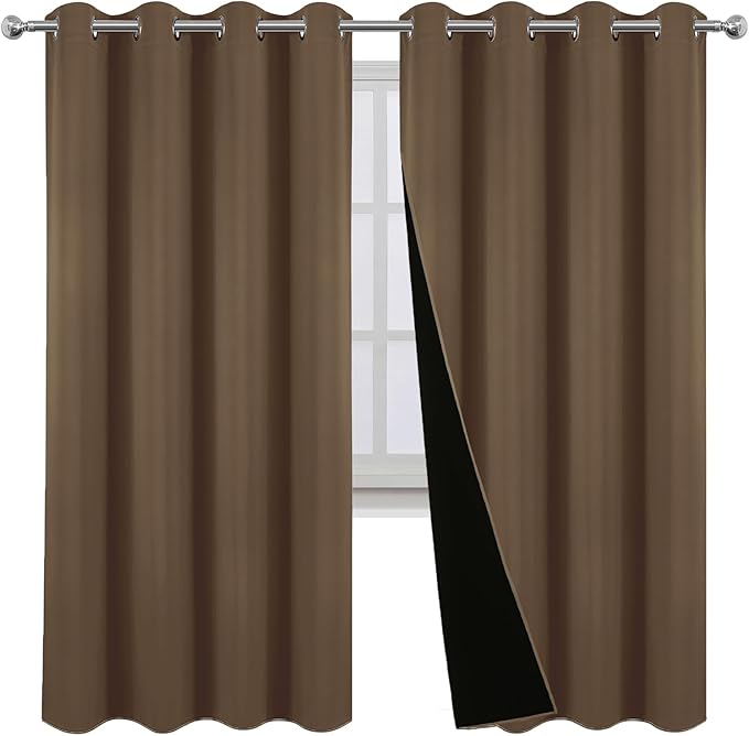 LEMOMO 100% Blackout Curtains 52 x 72 Inch Cappuccino Curtains 2 Panels Darkening Thermal Insulated Bedroom Curtains