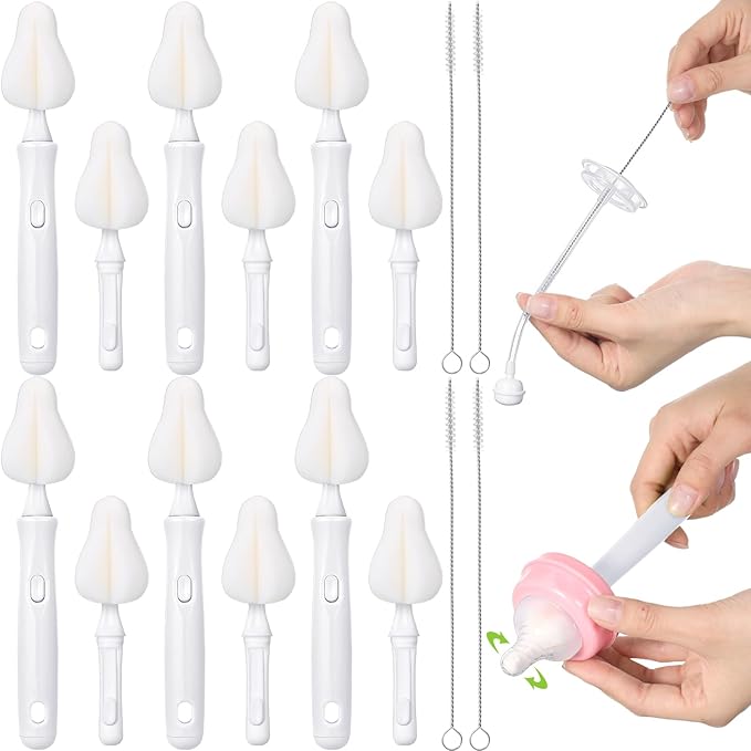 Willinglong 22 Pcs Sponge Bottle Nipple Brushes Set Including 12 Pcs Bottle Sponge Brush Heads 6 Interchangeable Nipple Brush Handles and 4 Long Straw Brushes for Baby Bottles(White Handle)