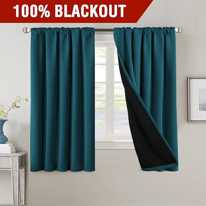 H.VERSAILTEX 100% Blackout Curtains for Bedroom with Black Liner Full Room Darkening Curtains 63 Inches Long Thermal Insulated Back Tab/Rod Pocket Window Drapes for Living Room, 2 Panels, Dark Teal
