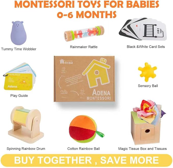 Adena Montessori Play Kit for 0-6 Month Baby,8 in 1 Learning Kit Includ Black&White Card,Rainmake Rattle,Sensory Ball,Tummy Time Wobbler,Tissue Box,Tissue,Rainbow Ball,Rainbow Drum