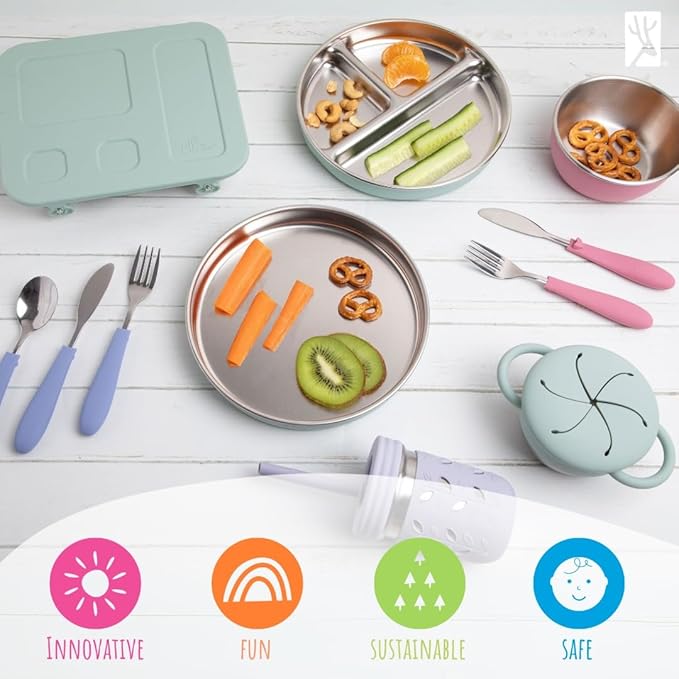 Stainless Steel Divided Plates + Silicone Sleeve and Storage Lid | Baby, Toddler, Kids | Dinner & Snack Plates | 4 Pack