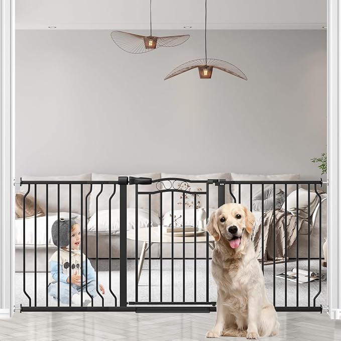 62.2-71.6" Extra Wide Baby Gate for Stairs No Drilling, 30" Tall Auto Close Press Mounted Baby Gate for Doorways, Adjustable Width Walk Through Long Gates for Kids or Pets, Black