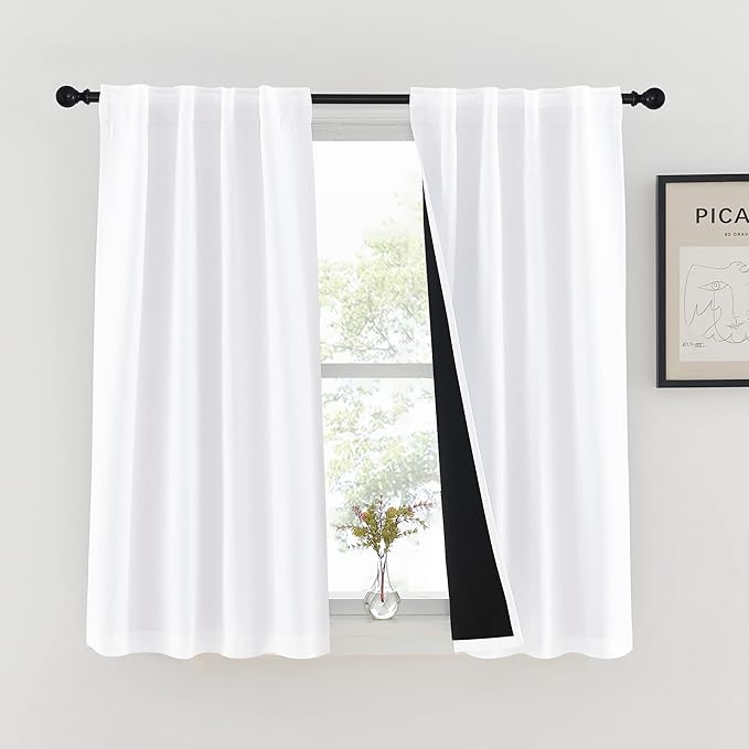NICETOWN 100% Blackout Kitchen Curtain Panels, Cold and Full Light Blocking Drapes with Black Liner, 48 Inches Drop Thermal Insulated Draperies for Cafe (White, 2 Pieces, 37 inches Wide Each Panel)