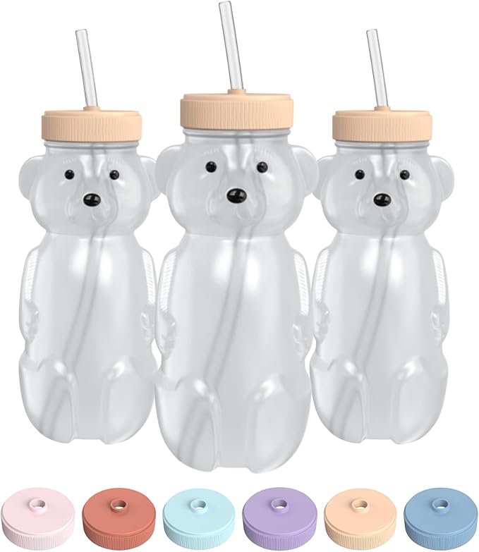 The 730 Project Honey Bear Straw Cup for Babies, 8-oz Honey Bear Cup with Lid, 3-Pack Therapy Learning Honeybear Straw, Baby Bottle Set, Creamsicle PEACH