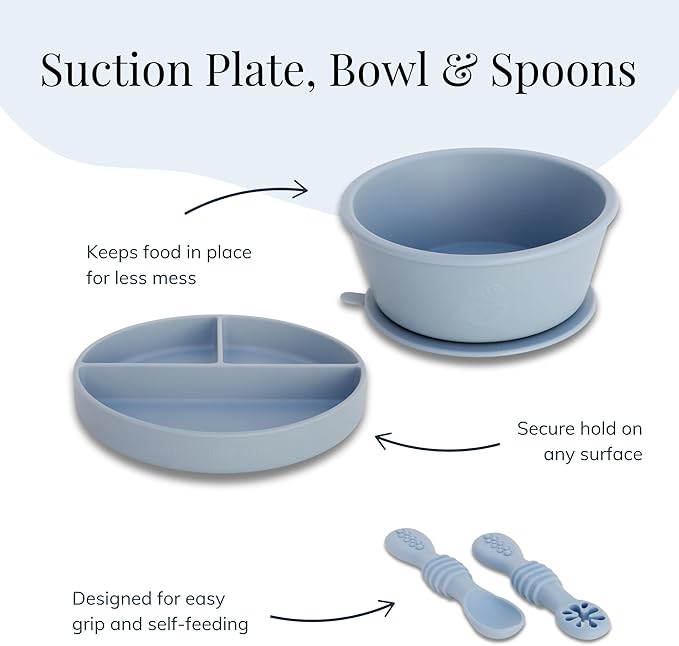 Little Loon Baby Feeding Essentials: Baby Led Weaning Supplies with Baby Plates, Silicone Bibs, Baby Spoons, Sippy Cups, Toddler Plates and Bowls Set - Baby Essentials - Baby Shower Gifts (Lake)