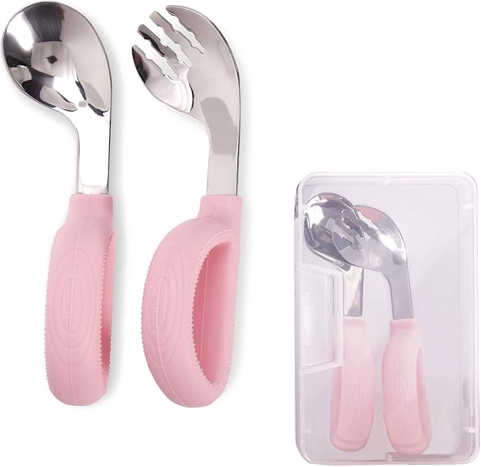 BleshiFashi Toddler Training Utensils -Silicone Easy-Grip Handles Baby Forks and Spoons Pink Set-Kids Stainless Steel Silverware-Self Feeding&Children Safe-Dishwasher Safe