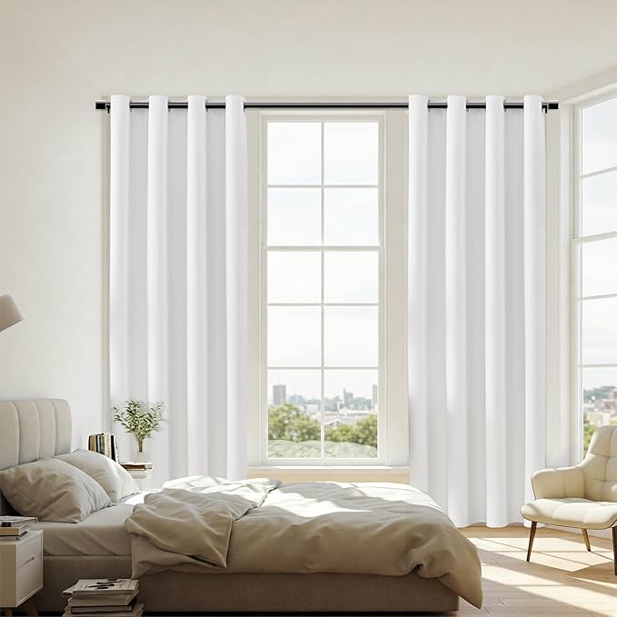 ChrisDowa 100% Blackout Pure White Solid Curtains 108 Inches Long 2 Panels for Bedroom Living Room,Farmhouse Room Darkening Thermal Insulated Soundproof Grommet Top Window Treatment Drapes,52x108