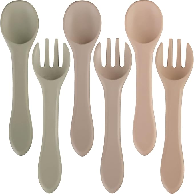 Nuenen 6 Pieces Silicone Baby Feeding Forks and Spoons Set Hot Safety First Stage Self Feeding Supplies Mini Kids Utensils for over 6 Months Babies Boy Girl Toddlers First Foods (Cream Color)