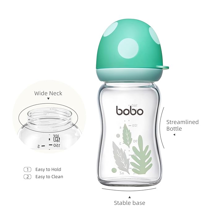 YOHKOH Natural Glass Baby Bottle with Level 1 Slow Flow Nipple, Newborn Anti-Colic Baby Bottles, Wide Neck Mushroom Baby Glass Bottle ((5.4oz (Pack of 2), Blue-A)