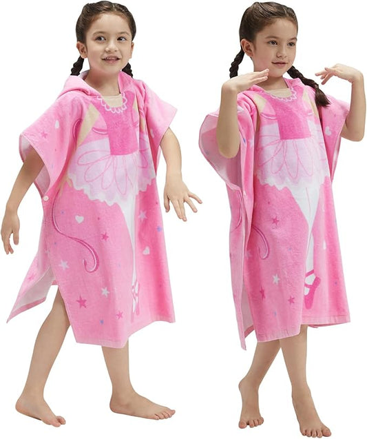 BANGSAUR Kids Hooded Towel Bath Beach Soft Cotton Towels Girls Absorbent Pool Wrap with Hood Baby Toddler Poncho Robe(Ballerina,5-9Years/Height:43"-51")